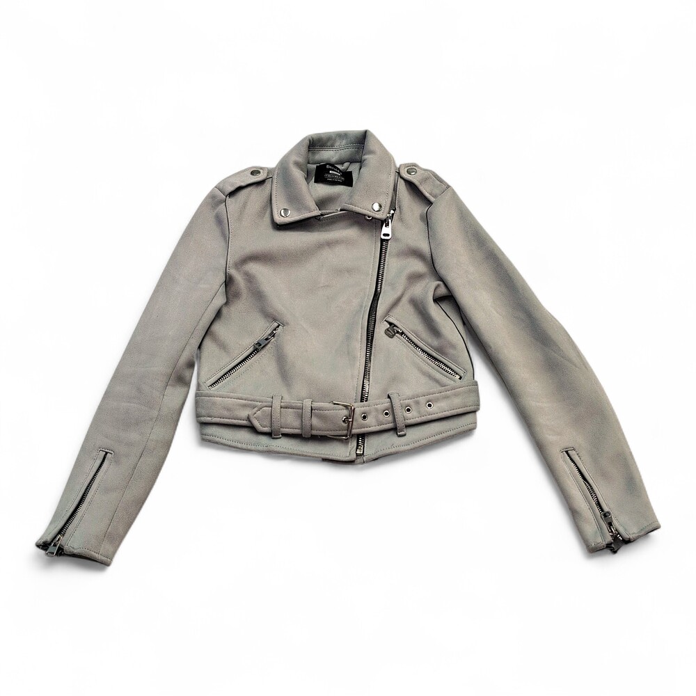 Breshka Suede Moto Jacket XS Light Gray Belted Biker